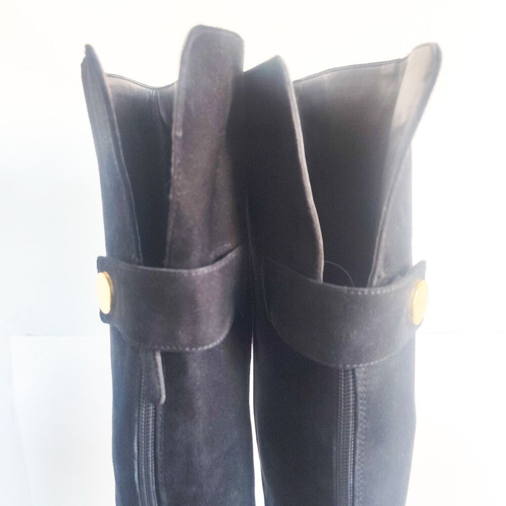 Nine West Knee‎ High Boots Size 7.5 Black Suede Leather Block Heel Zip Riding - Picture 5 of 16